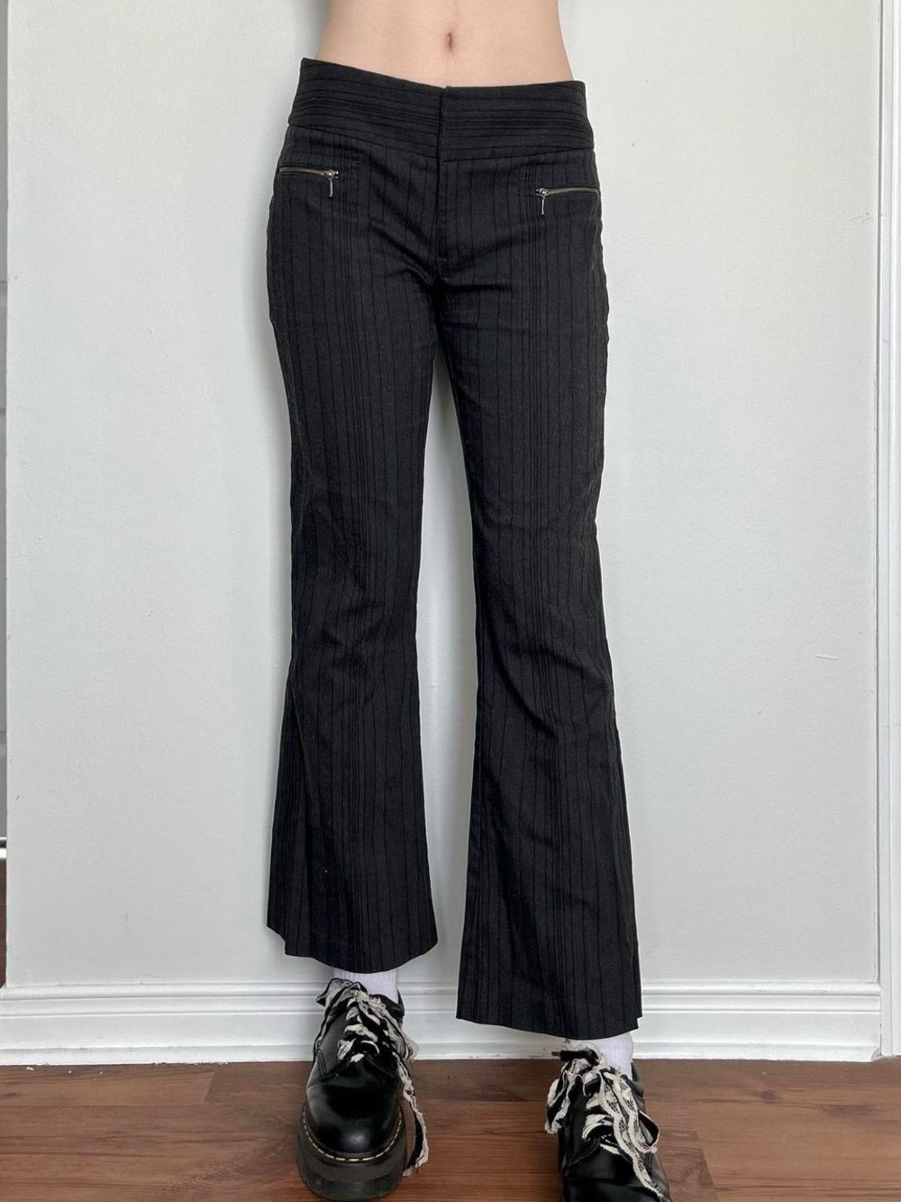 2000s Office Siren Mid Rise Dark Grey Pinstripe Pants